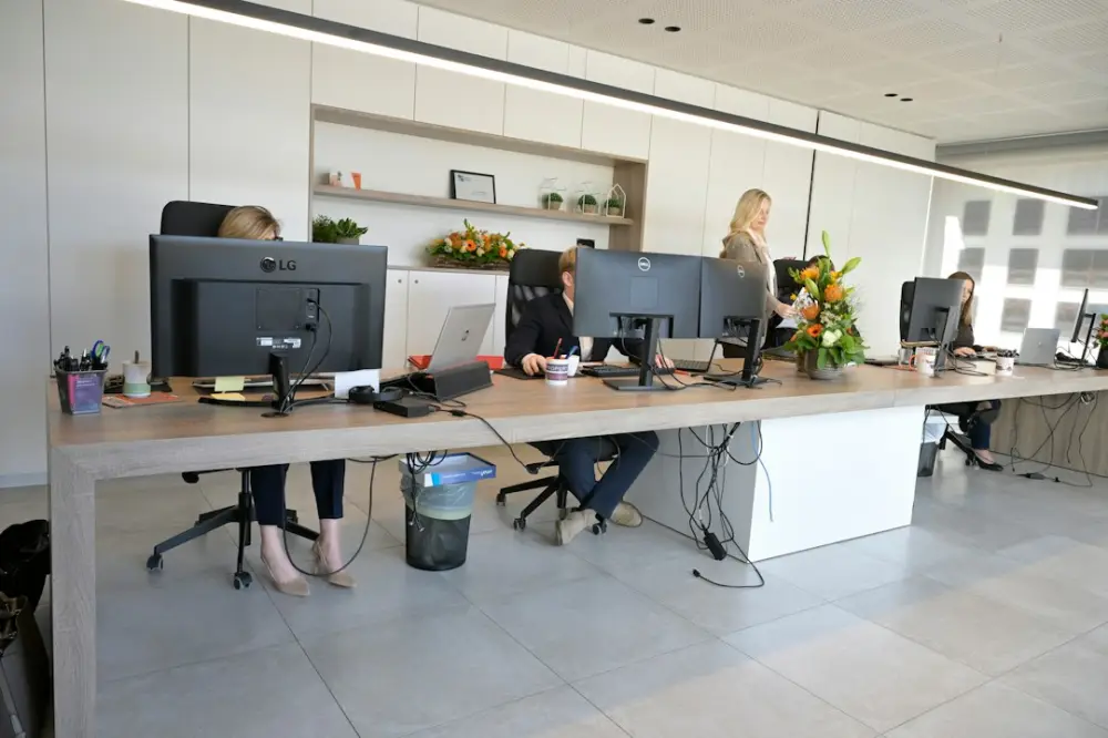 People working at desks in a modern open-plan office, illustrating evaluating executive development support